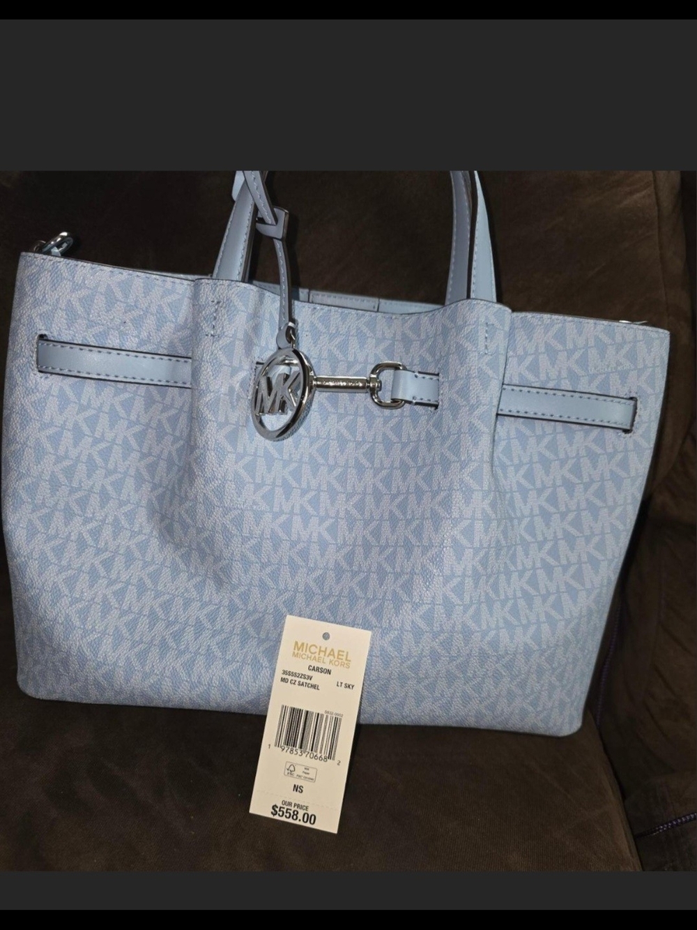 Michael Kors Light Blue MK Signature Tote with Silver Charm